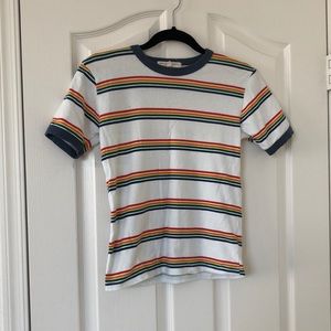 Truly Madly Deeply Size S 70s style Rainbow striped shirt Blue collar and Cuff